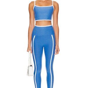 Beyond Yoga High Waisted New Moves Midi Leggings Sky Blue Heather Spacedye White